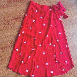 Loft red with white polka dot tulip style wrap skirt